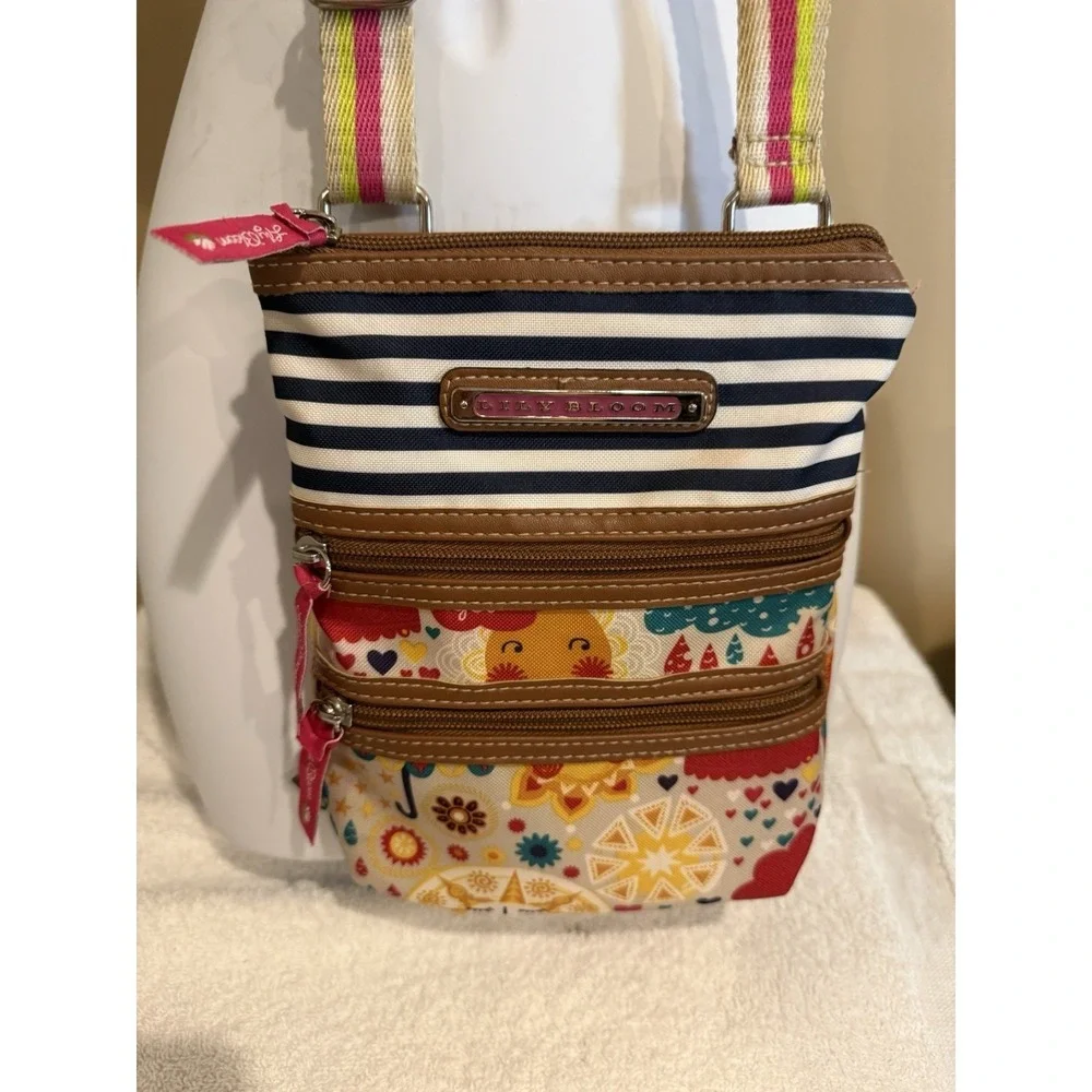 Lily Bloom Multicolor Crossbody Bag Striped Graphic Print Adjustable Strap Pink…